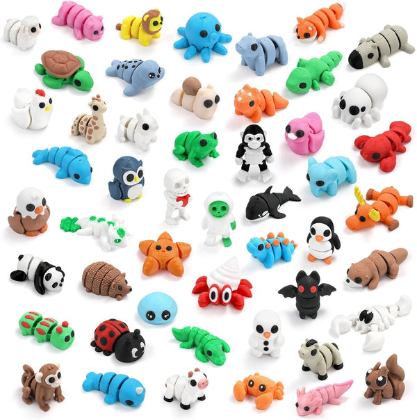 SCIONE 50 Pack Mini 3D Printed Animal Figurines, Flexible Articulated Fidget Toys,