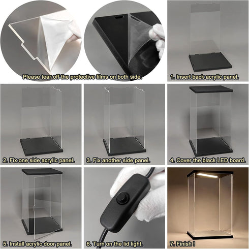 Acrylic Display Case for Collectibles - Clear Acrylic Box for Action Figures, Dolls, Lighted Trophy (Black-Solid Yellow)