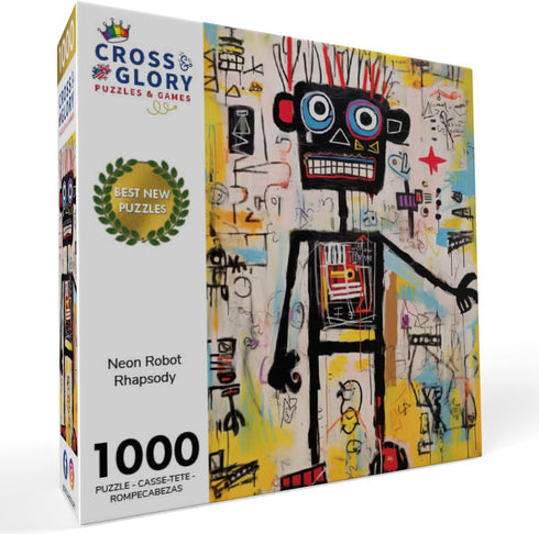 Neon Robot Rhapsody: Beautiful 1000 Piece Jigsaw Puzzle with Abstract Art & Luminous Yellow Highlights, Premium Quality