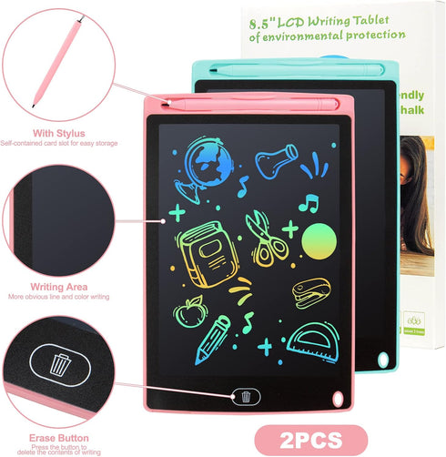2 Packs LCD Writing Tablet, 8.5 Inch Colorful Doodle Pads for Kids 3-6 Years, Educational Travel Game Toys, Pink+Blue