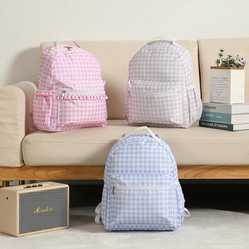 KRUIJHEU backpacks, Personalized school bags, embroidered lettered weekend bags, lettered seersucker custom made