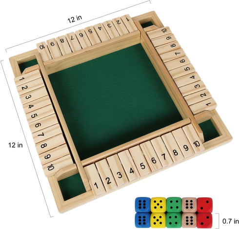 Shut The Box Dice Game with 8pcs Dices 12 inch Traditional Wooden Table Math Board Game 10 Numbers for Kids Adults, Family Classroom Home or Pub Bar 1-4 Players