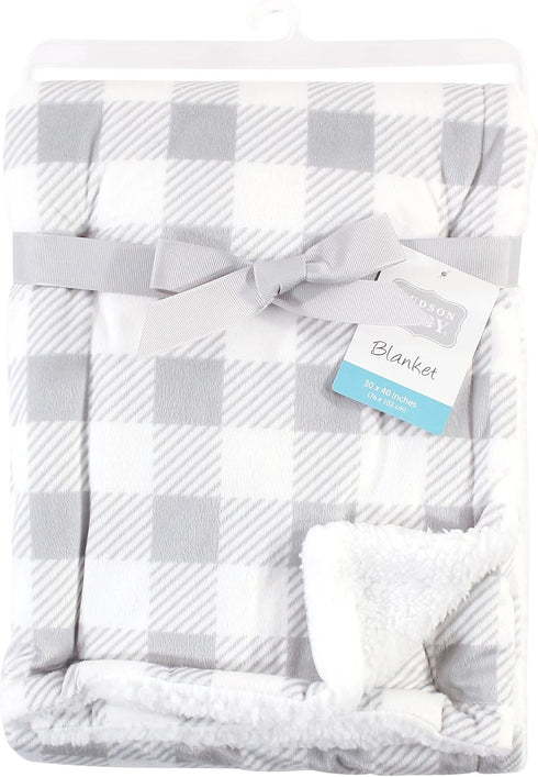 Hudson Baby Unisex Plush Mink and Sherpa Blanket - Gray Plaid, One Size