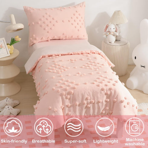 Set 4-Piece Set Toddler Bedding for Girls Pink Jacquard Pom Pom Tufts Bohemian Boho Tufted Dots Crib Toddler Comforter