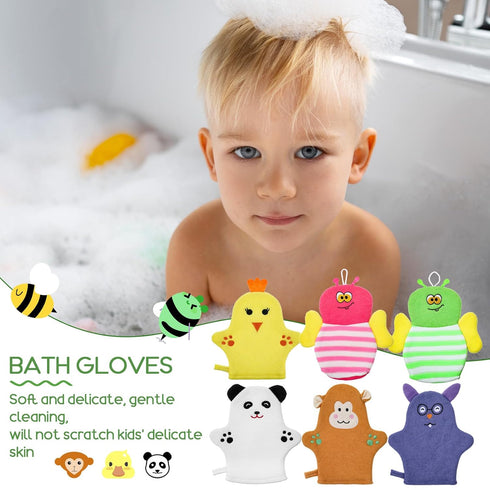 Sibba 6 Pcs Baby Bath Mitt Washcloths Gloves, Gentle Cute Exfoliating Wash Mitt Animal Pattern, Baby Mittens Bath Towel