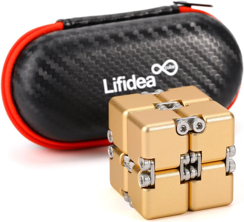 Aluminum Alloy Metal Infinity Cube Fidget Toy (Gold) - Handheld Desk Toy with Cool Case, 6 Colors, Relieve Stress