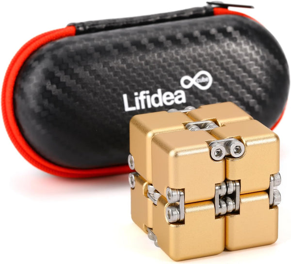 Aluminum Alloy Metal Infinity Cube Fidget Toy (Gold) - Handheld Desk Toy with Cool Case, 6 Colors, Relieve Stress