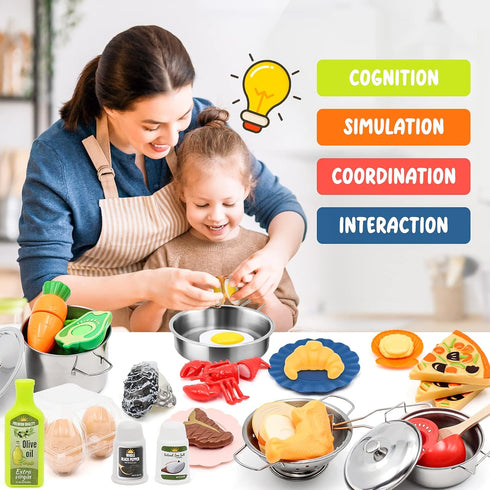 Hohosunlar Set, 38Pcs Sets Playset Kids Pretend Play Kitchen Accessories Stainless Steel Play Pots Pans for Kids, Toy