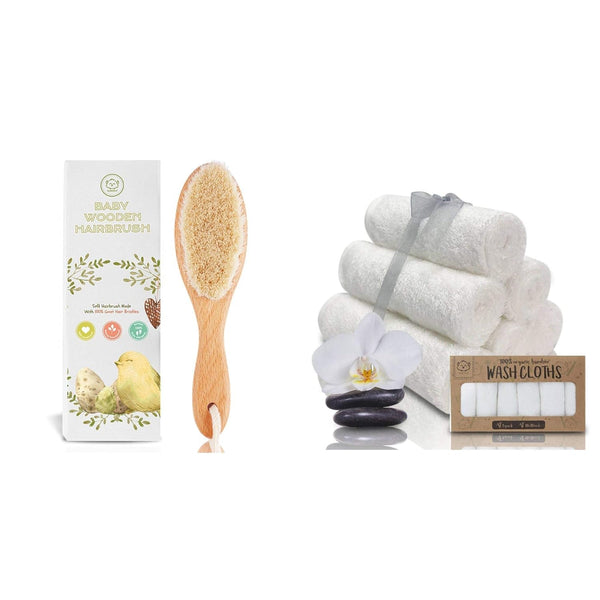 Baby Hair Brush & Bamboo Viscose Baby Washcloth Set for Newborn -