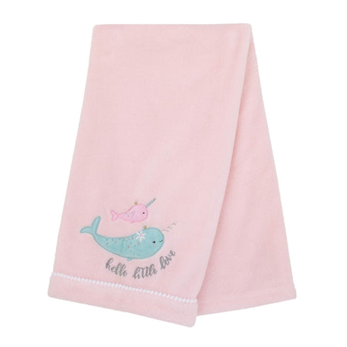 NoJo Under The Sea Whimsy Pink and Blue Narwhals, Super Soft Appliqued Baby Blanket