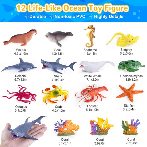 18 Pack 3-8 GINMIC Kids Ocean Animals Toys with Large Play Mat , Assorted Realistic Sea Animal Toys with Carrier Bag
