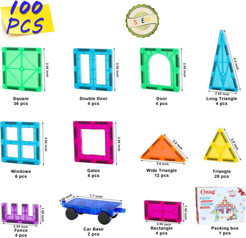 Bmag Magnetic Tiles, 100PCS Magnet Building Blocks for Kids, STEM Educational Learning Toy