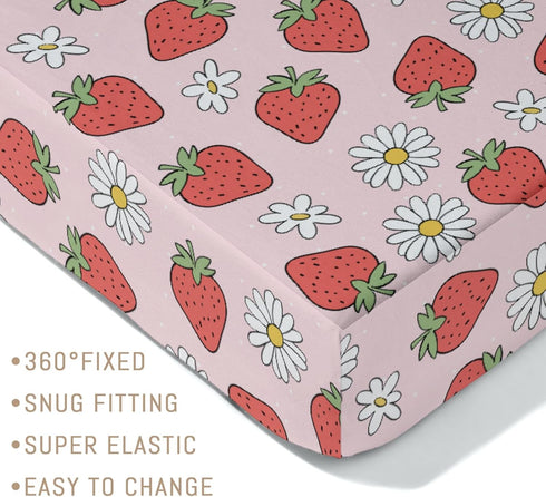 Selgkds 52''x28'' Summer Cute Strawberry Daisy Baby Crib Sheets for Boy Girl Red Strawberries Floral Soft Snug Fitted