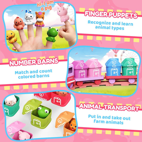 Set 2-4, Counting 1 2 3 Train for Girls Electric Toy Train with Farm Animals & Music & Lights, Montessori & Sorting