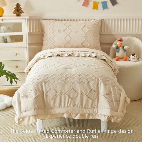 AIKASY Set 4 Set, Toddler Bedding Pieces Super Soft Comforter Shabby Boho Bohemian Design for Boys and GirlsRuffle