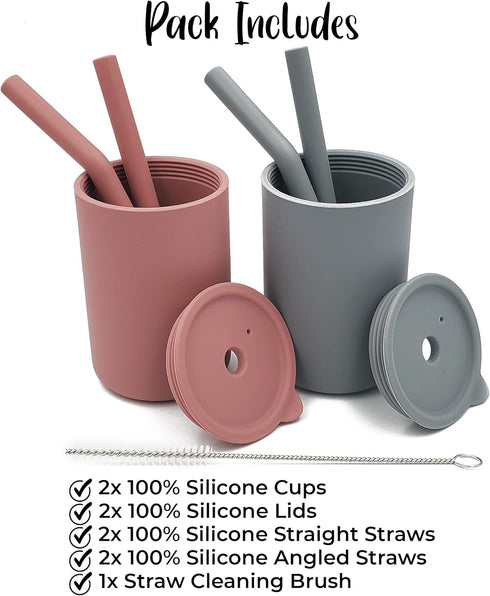 Silicone Kids Cups with Straws - Set of 2, Unbreakable Training Cup for Babies and Toddlers, 6oz, (Rose Pink/Stone Grey)