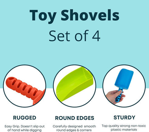 4E's Novelty 4 Pack Beach Shovels - 8 Inch Heavy Duty Plastic Sand Shovels for Kids, Great for Outdoor Digging