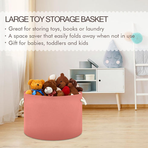 Round Canvas Toy Storage Bin for Kids - Salmon Color Organizer Basket