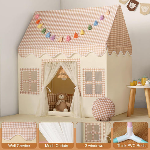 Kids Play Tent Indoor: with Brown Checkered, Mat, Rainbow Tissue Garland, Star Lights - Girl Tent Indoor Playhouse
