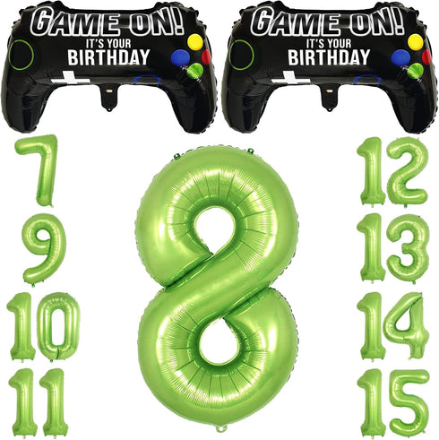 Video Game Party Balloons for Boys 8th Birthday Decorations - 2 Packs Game Controller Mylar Balloons with Green Number 8
