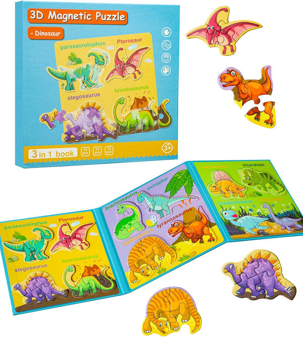 Magnetic Puzzles for Toddlers 2-4, Travel Dinosaur Activities Toy Wooden Jigsaw Puzzles Book for Kids 1-5