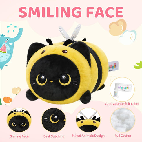 (8 Inch) Mewaii Cute Black Cat Bee Plush Pillow, Kawaii Plushies Bee Stuffed Toy, Kitten Plushies with Honeybee Outfit