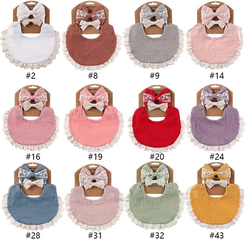 Muslin Baby Bibs Drool Teething Bibs Headband Set, 4-Layer Organic Cotton Lace Waterproof