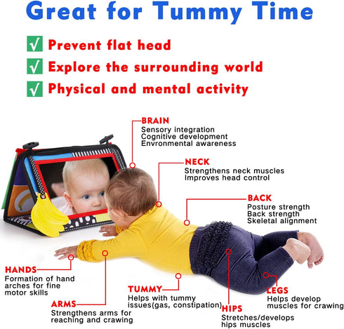 Tummy Time Baby Mirror Infant Toys Newborn Toys 0 3 Months Brain Development with Crinkle Cloth Book and Teether Black and White High Contrast Baby Toys 4 6 9 12 Month Boys Girls Crawling Sensory Toy