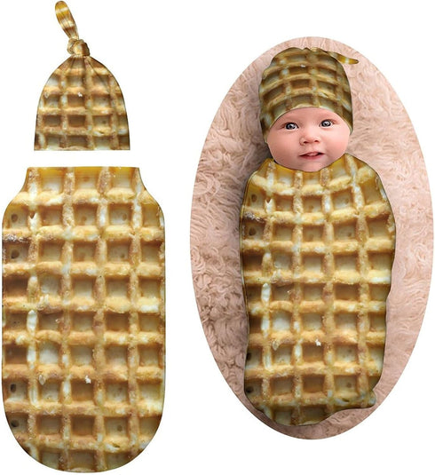 Qiohoey Wafels Funny Food Newborn Baby Swaddle Blanket with Beanie Hat Baby Receiving