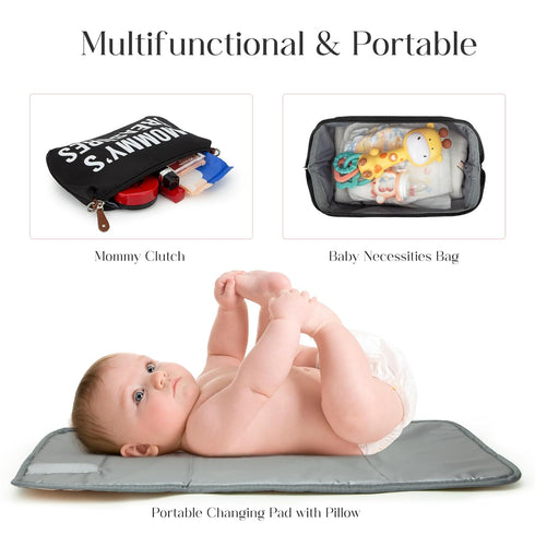6pcs 2 printe Large Diaper Bag Tote with Changing Pad & Organized Pouches, Mom's Bag for Hospital with Pacifier Case