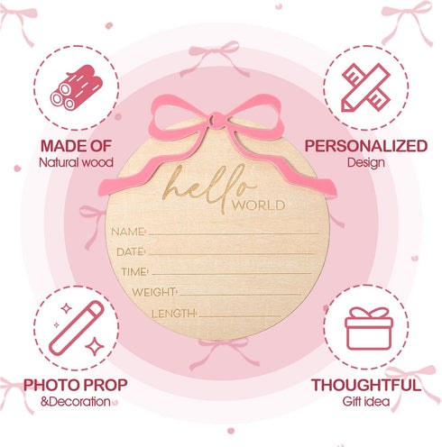 Lusofie Baby Announcement Sign, Pink Bow Welcome Baby Sign, Wooden baby Name sign for Photo Props Hospital Nursery