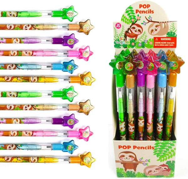 TINYMILLS 24 Pcs Sloth Multi Point Stackable Push Pencil Assortment with Eraser for Birthday Party Favors