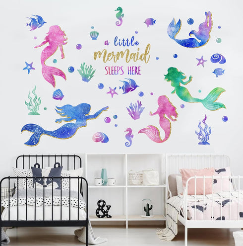 Yovkky Baby Girls Mermaid Wall Decals Stickers, Under The Sea Ocean Creatures Coastal Fish Bubble Glitter Nursery Kids