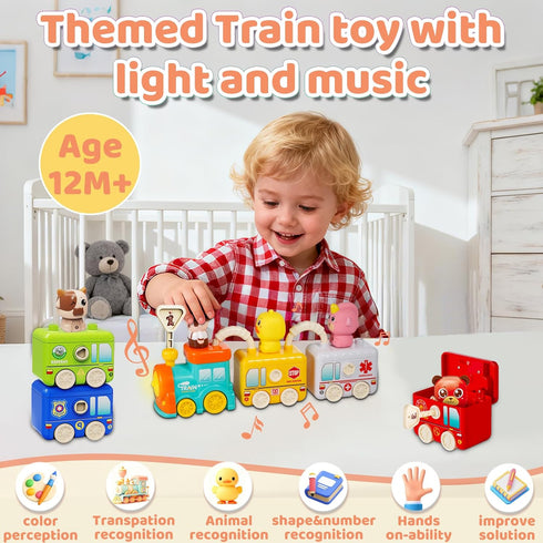 2 3 4 Set 6 Montessori Train Toys for Year Olds - Toddler Learning Train with Lights & Sounds, Vehicle Transport, Lock