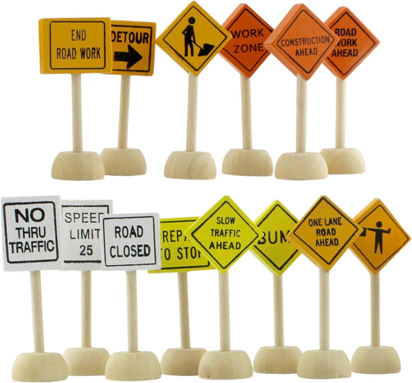 Toy Wooden Road Construction Traffic Sign Set; Street Signs for Small Toy Cars and Diecast Vehicles