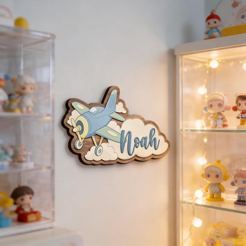 Personalized Airplane Name Sign, Custom Wooden Baby Name Wall Decor, Nursery Wall Art for Boys, Kids Room Airplane