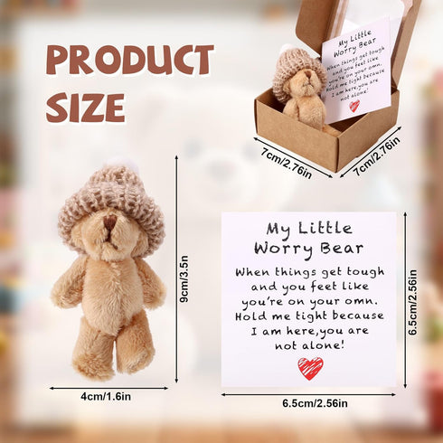 TOYMIS 1 Set Mini Plush Worry Bear with A Hat, Handmade Positive Small Plush Bear in A Box with Encouragement Little