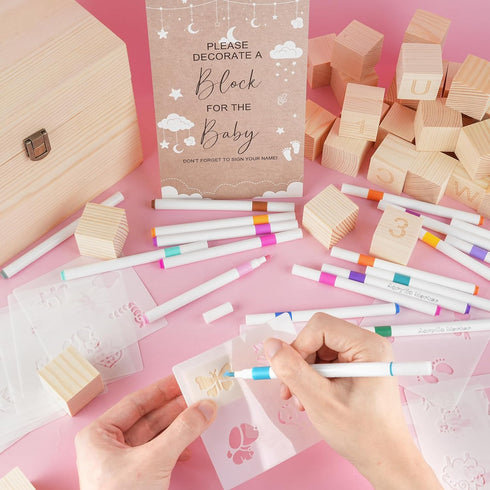153 36 Draupnir Pcs Fun Baby Shower Games Sign Kit Babies Coloring Blocks for Baby Shower, Wooden DIY Blank Blocks