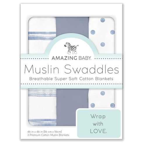 Set 3, 46x46 inches Amazing Baby Cotton Muslin Swaddle Blankets, of Watercolor Brushstrokes, Denim, XLarge