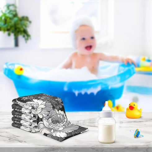 SDMKA 3 Pack 11.8 Inch White Flowers Black Baby Washcloths - Muslin Cotton Face Towels for Baby Newborn Girls and Boys