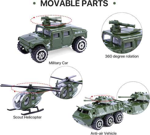 26 Pack Diecast Military Vehicles Set, 6 Pack Alloy Metal Models Car Toys and 20 Pack Soldier Army Men