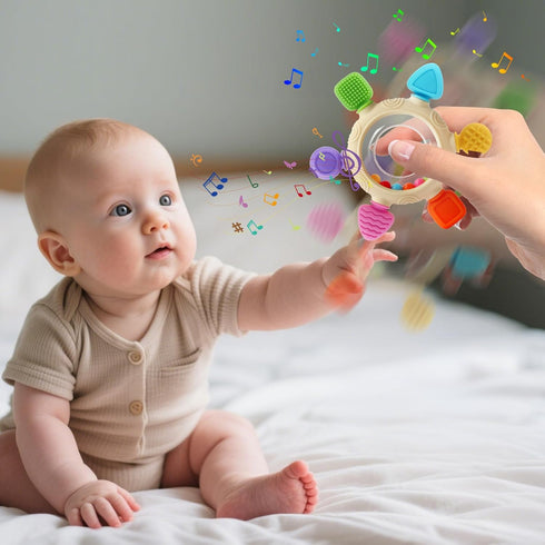 0-6 6-12 0-24Months Baby Teething Rings Toys for Months Baby Rattle Teether Sensory Toys for Babies Silicone Teether