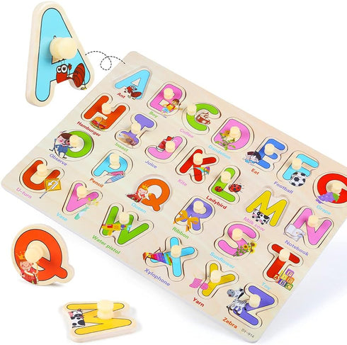 GRINNNIE Wooden Peg Puzzle, 4 PCS Montessori Learning Puzzles for Toddlers 2-4 Years, Numbers, Letters, Animals Gifts