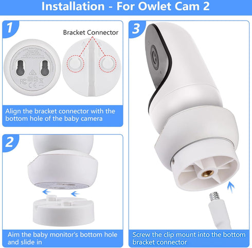Flexible Clip Mount for Baby Monitor Camera Compatible with Owlet, Motorola, 1/4 Threaded Hole - White, No Tools Needed