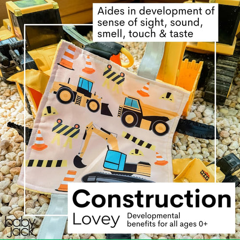 The Learning Lovey 8x8 Baby Jack & Co Construction Lovey Tag Toy for Babies - Baby Crinkle Toy - Soft & Safe - Learn