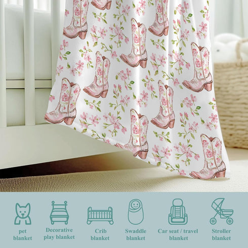 Wicbfdfv 60x80inch Watercolor Cowgirl Boot Pink Baby Blanket Girls Boys Cowgirls Floral Leaves Swaddle Blankets Wild