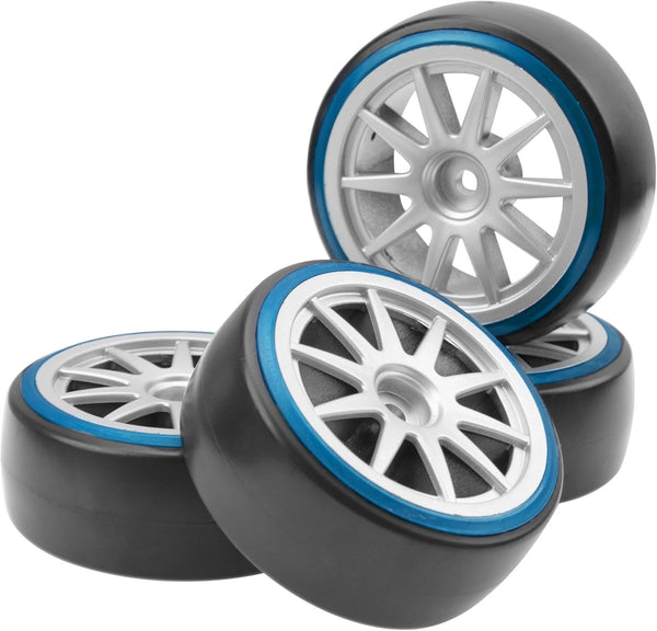 1/10 RC Hard Plastic Drift Tires & Wheel Rims, 12mm Hex 10-Spoke Compatible with HSP HPI Tamiya TT01 TT02 Kyosho Traxxas