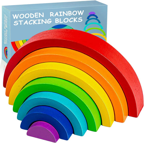 Wooden Rainbow Stacking Toy, Montessori Arch Bridge Building Blocks, Colorful Puzzles for Kids 2-5 Years Old, Rainbow