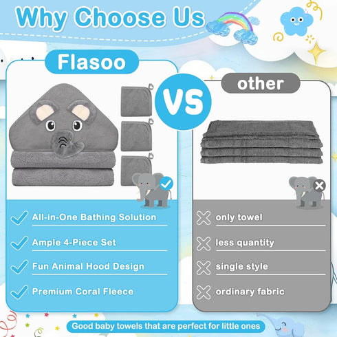 4 Set, 1 3 Flasoo Pcs Baby Towels and Washcloths Pcs Animal Hooded Baby Towels & Pcs Baby Washcloths for Newborns