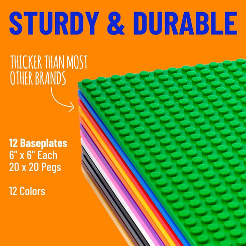 Strictly Briks 12 Pack Classic Stackable Baseplates 6x6, Compatible with Lego, 12 Rainbow Colors